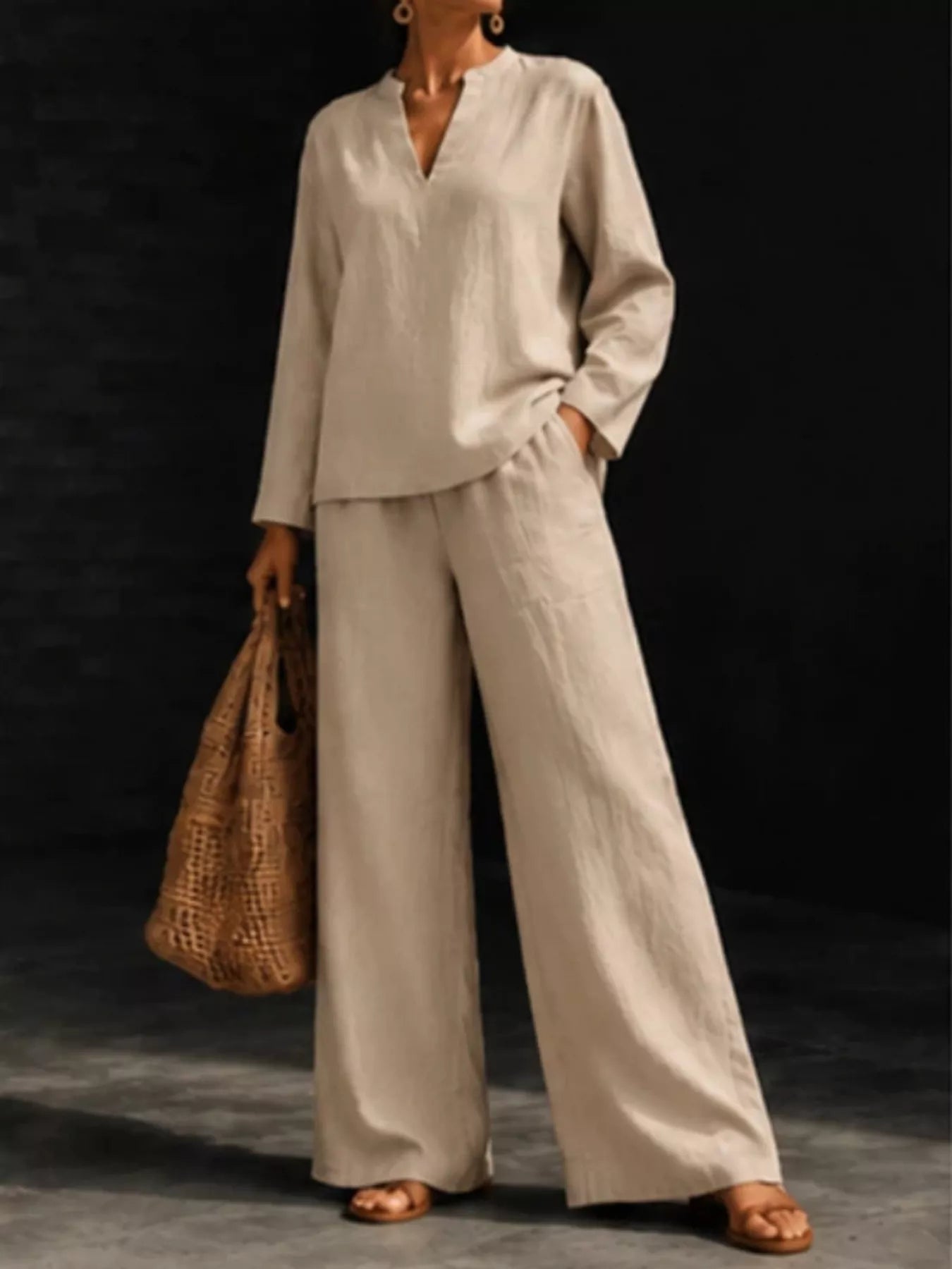 Trendsi Notched Long Sleeve Top and Pants Set -