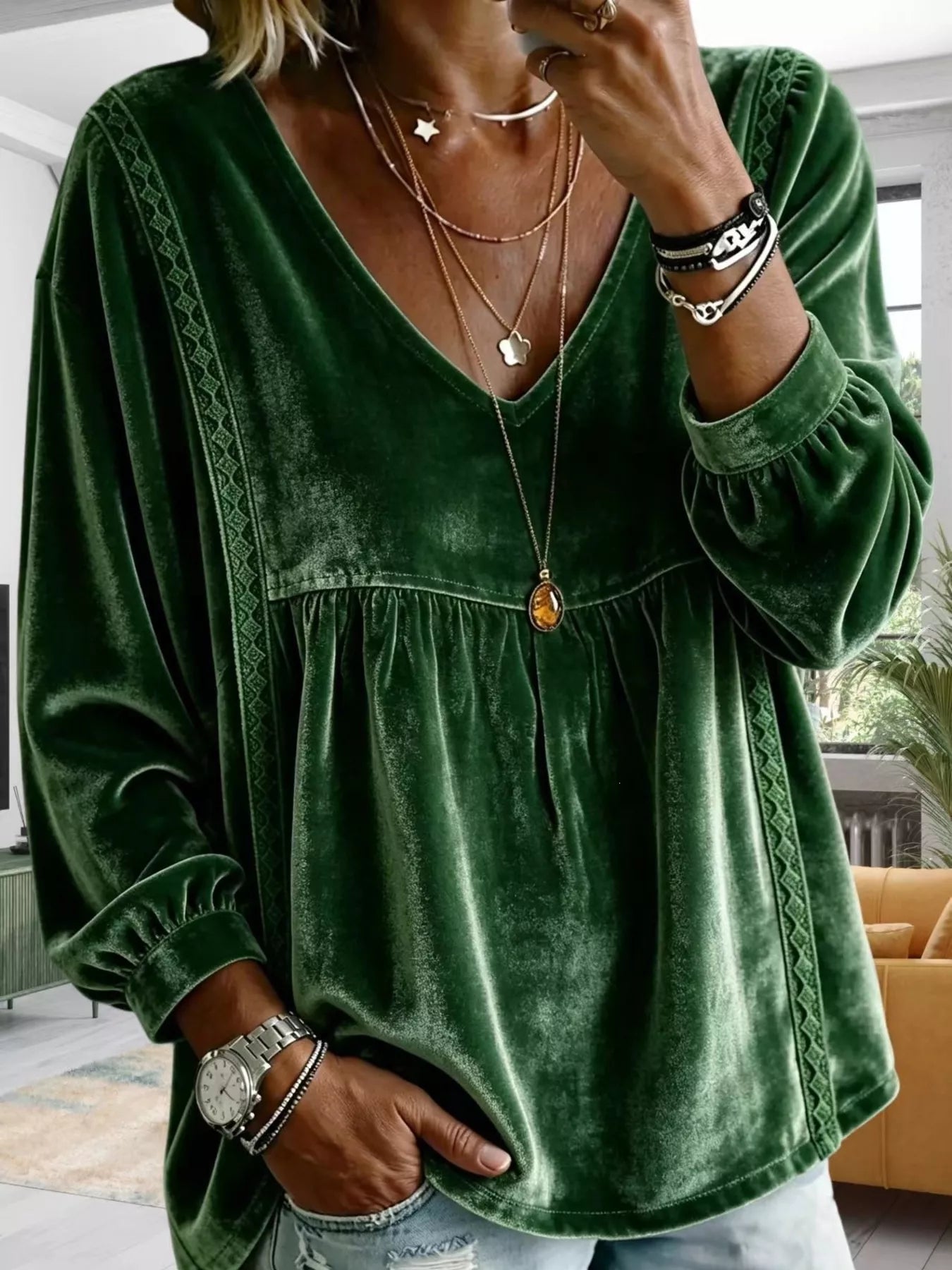 Trendsi Full Size Velvet Lace Detail V-Neck Blouse Plus Size -