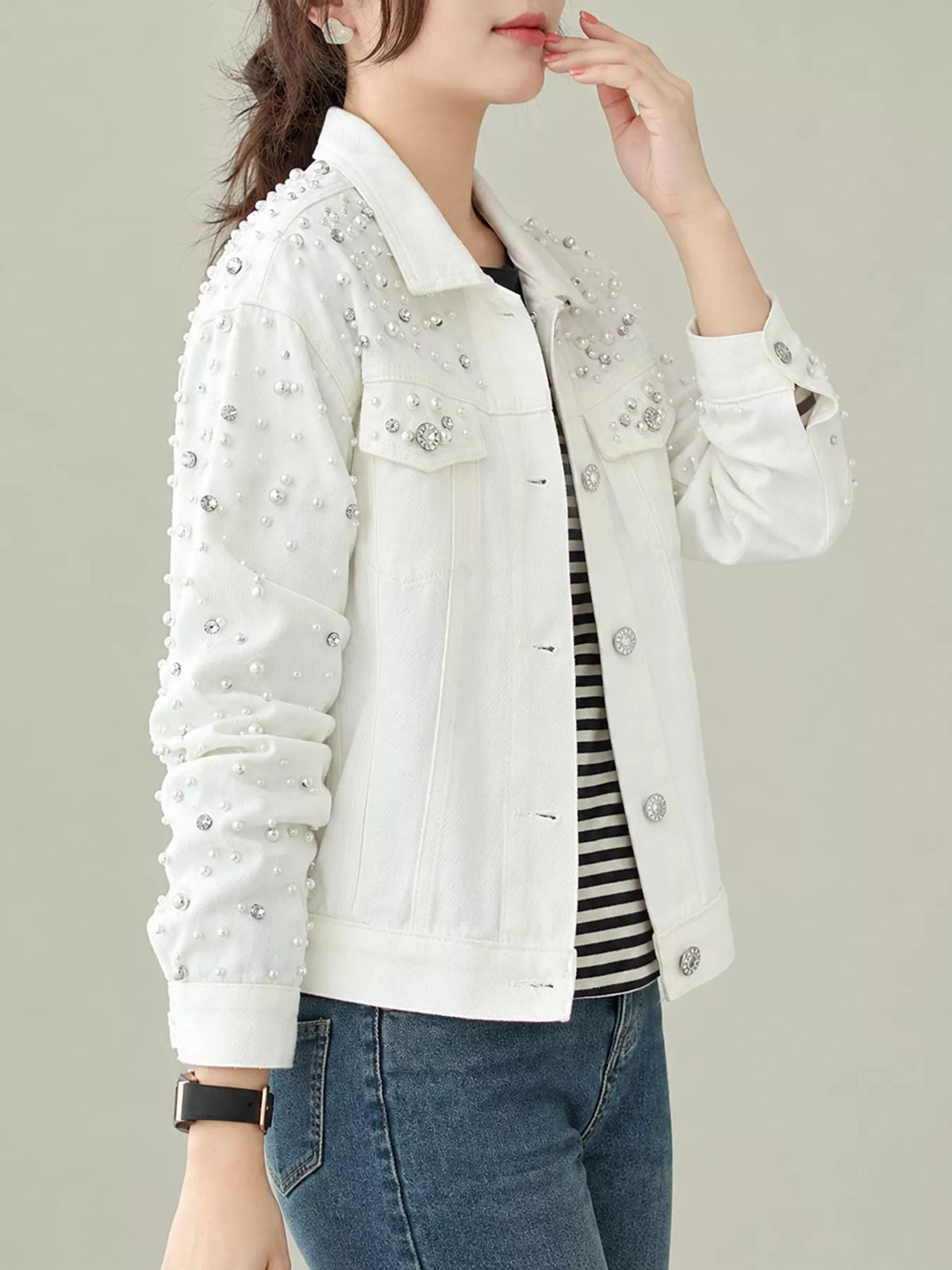 Women's Pearl Detail Button Up Denim Jacket in white — side view