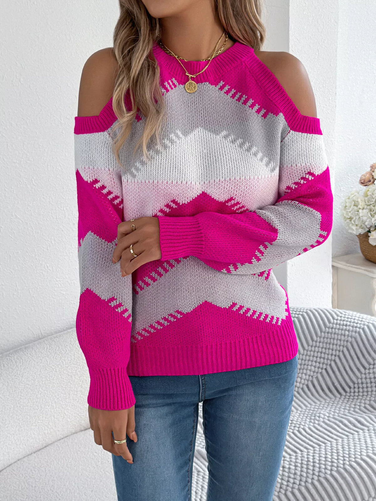 Rose Red cold shoulder chevron pattern knit sweater