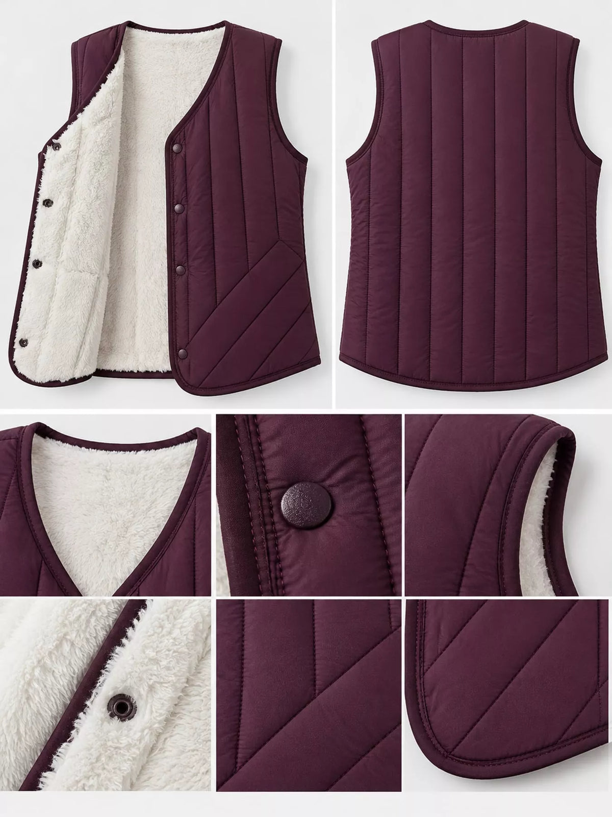 Quilted Button Up Vest in purple, construction detail