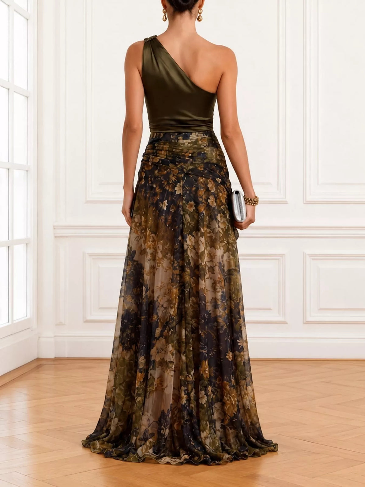 One-Shoulder Floral Print High-Slit Evening Dress — back view
