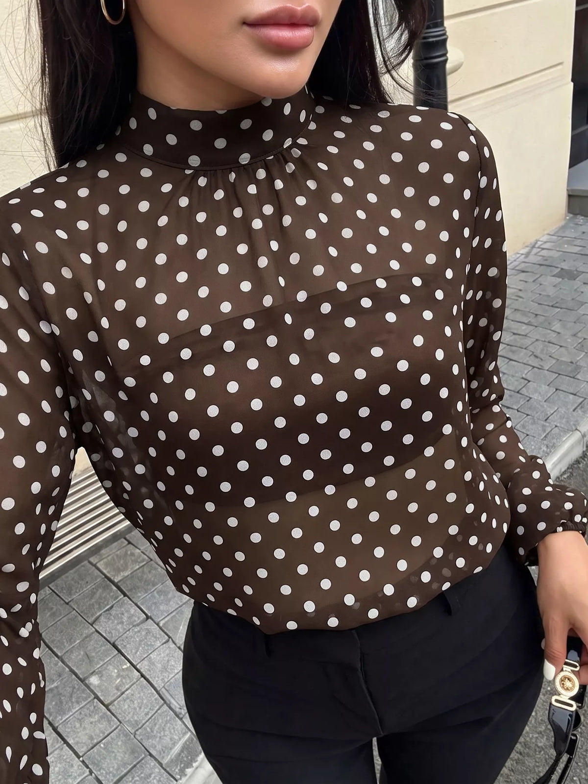 Trendsi Polka Dot Mock Neck Long Sleeve Blouse -
