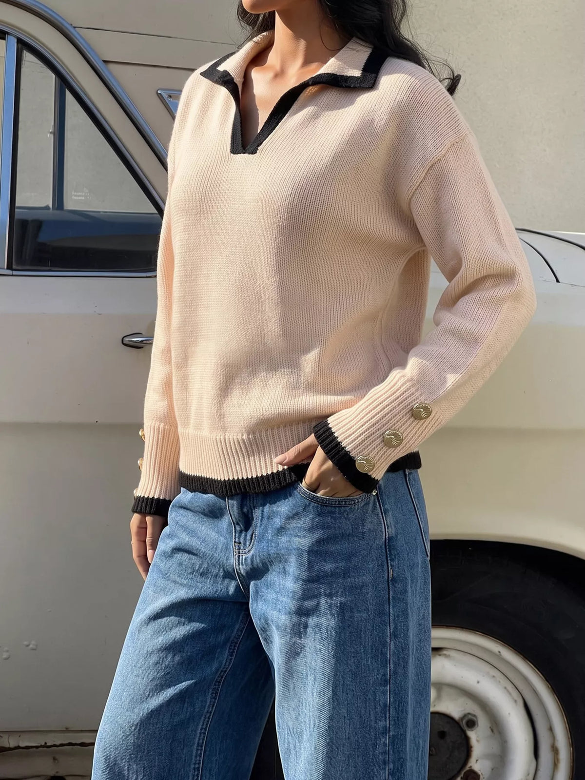 Beige contrast-trim polo collar sweater, front styled view