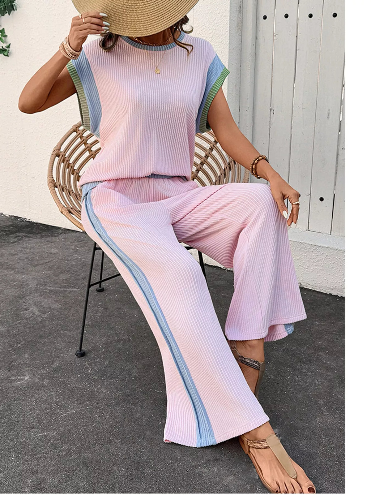 Blush Pink contrast trim top and pants set