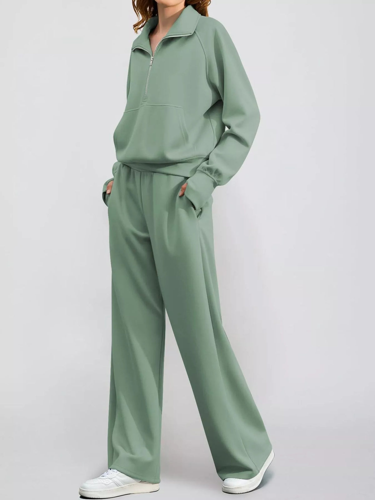 Half-zip top and pants set, green angled front