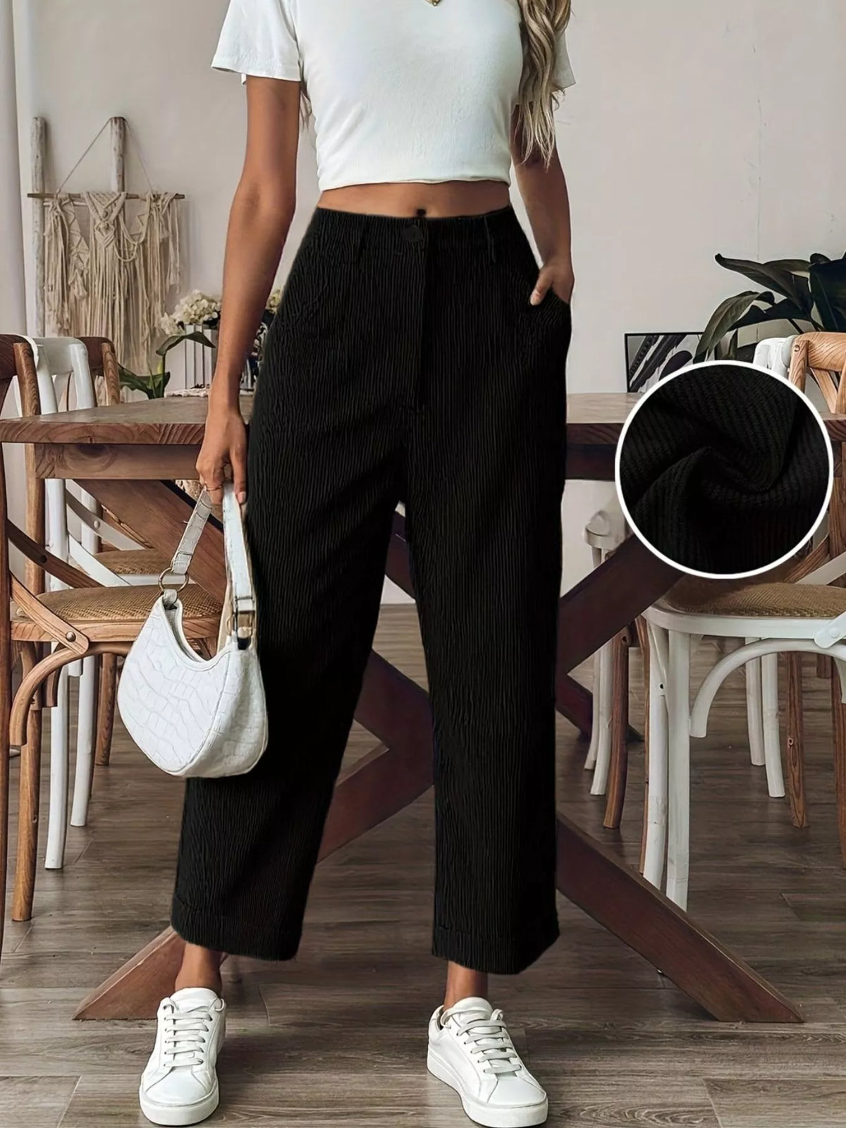 Black Corduroy Straight-Leg Pants with Pockets front view and fabric inset