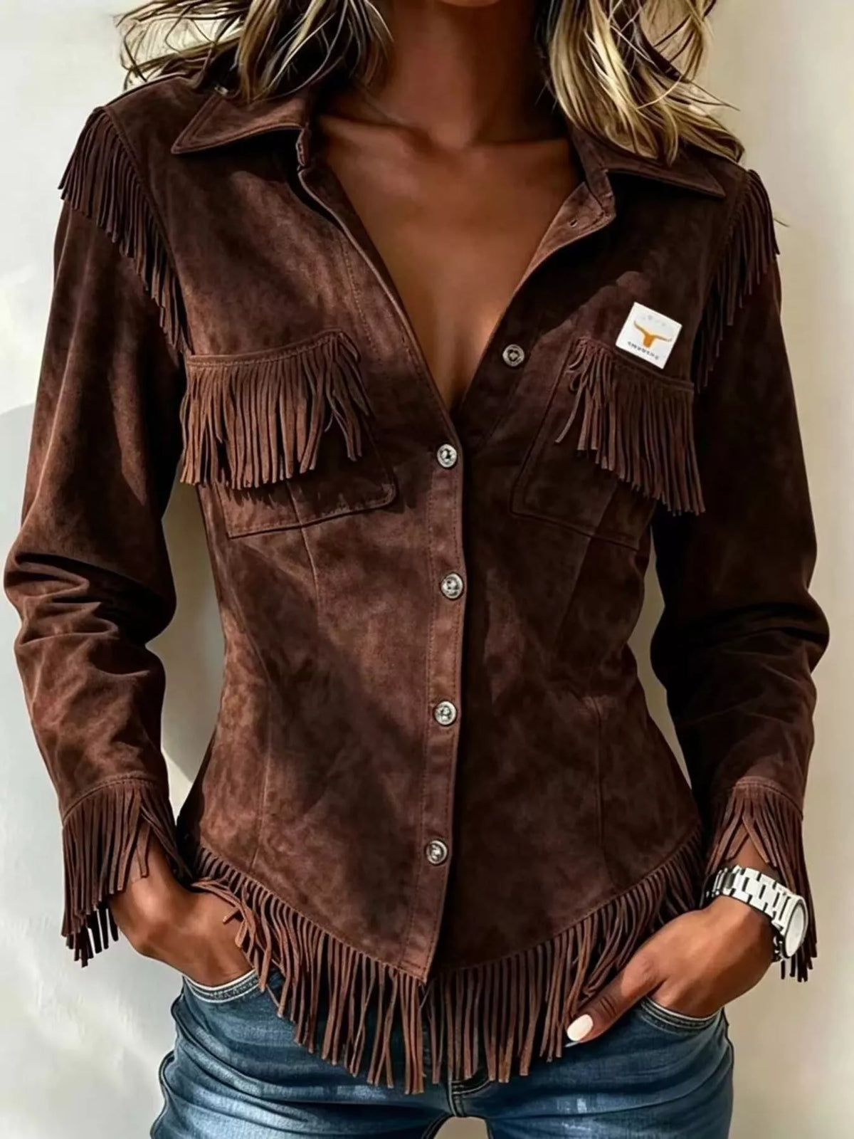 Fringed Snap Down Jacket in brown, front view