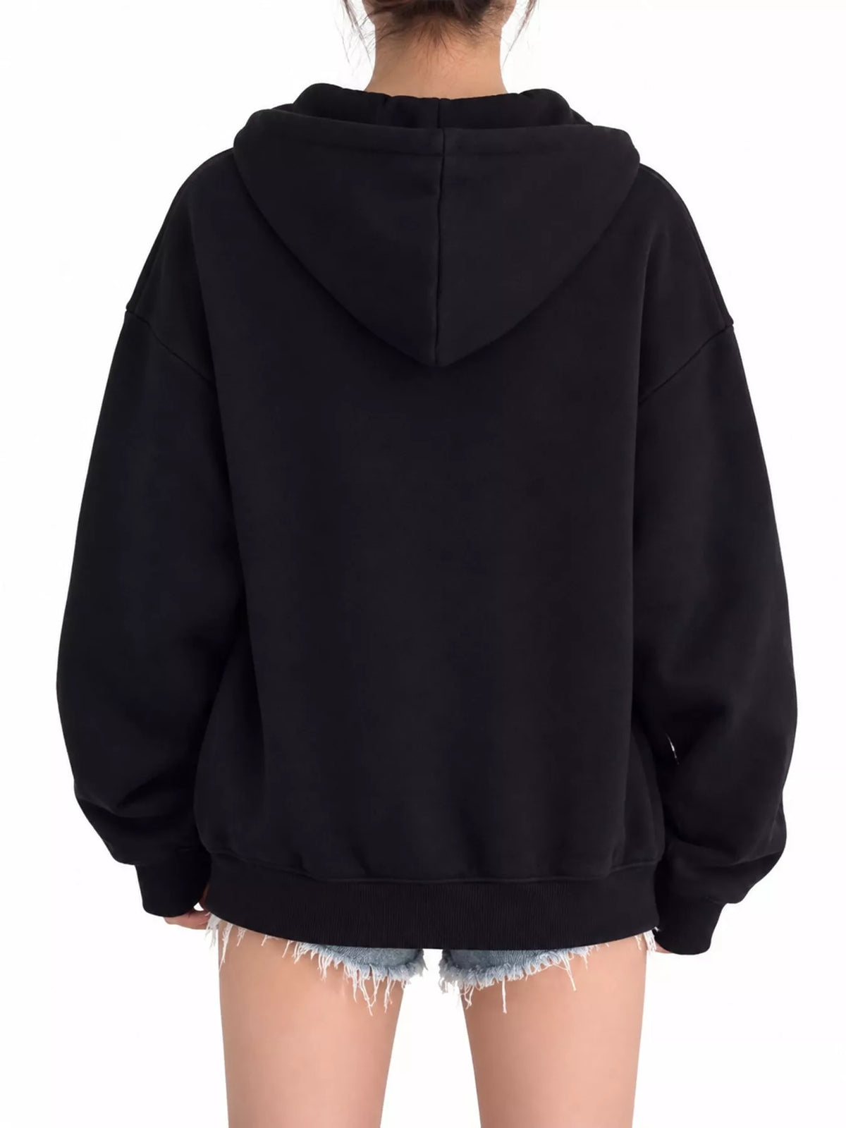 Women's Zip-Up Dropped Shoulder Hoodie in black — back view