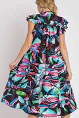 Trendsi Umgee Full Size Leaf Print Double Layered Ruffle Sleeve Tiered Midi Dress Plus Size -
