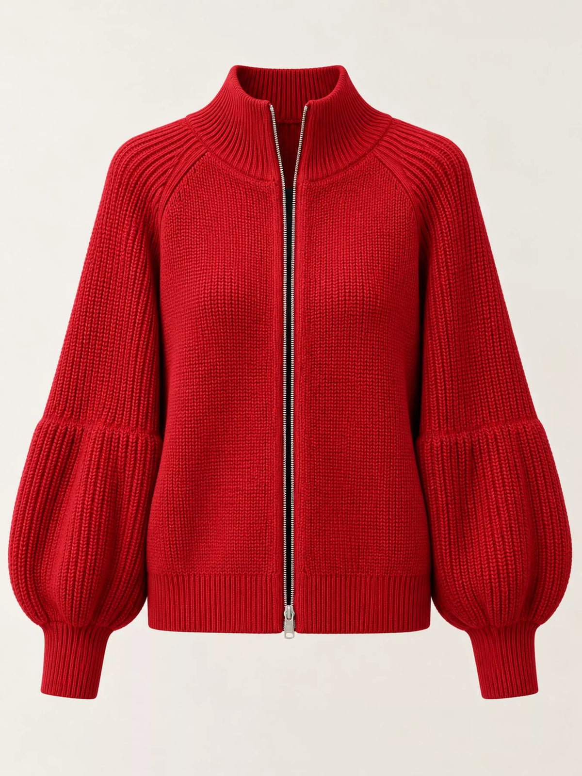 Red ribbed knit zip-up lantern sleeve cardigan