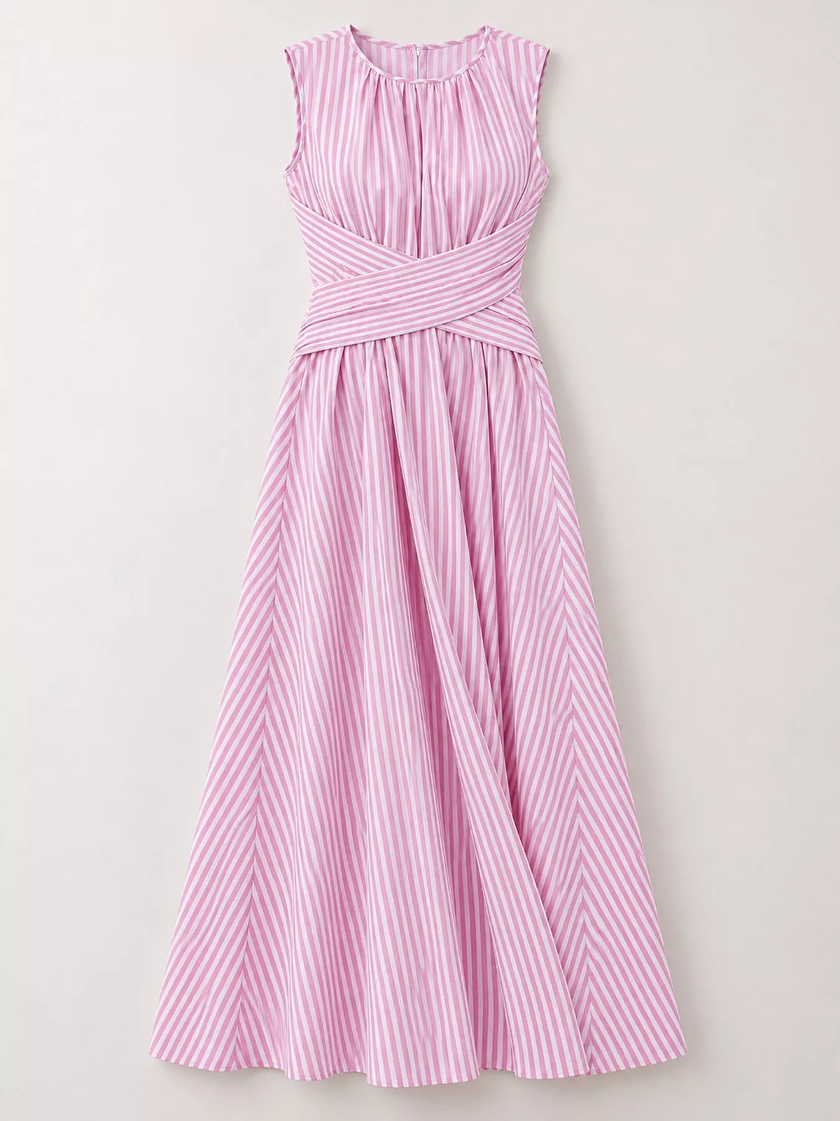 Women's Sleeveless Striped Maxi Dress with Criss-Cross Waist Detail in pink striped — flat lay view