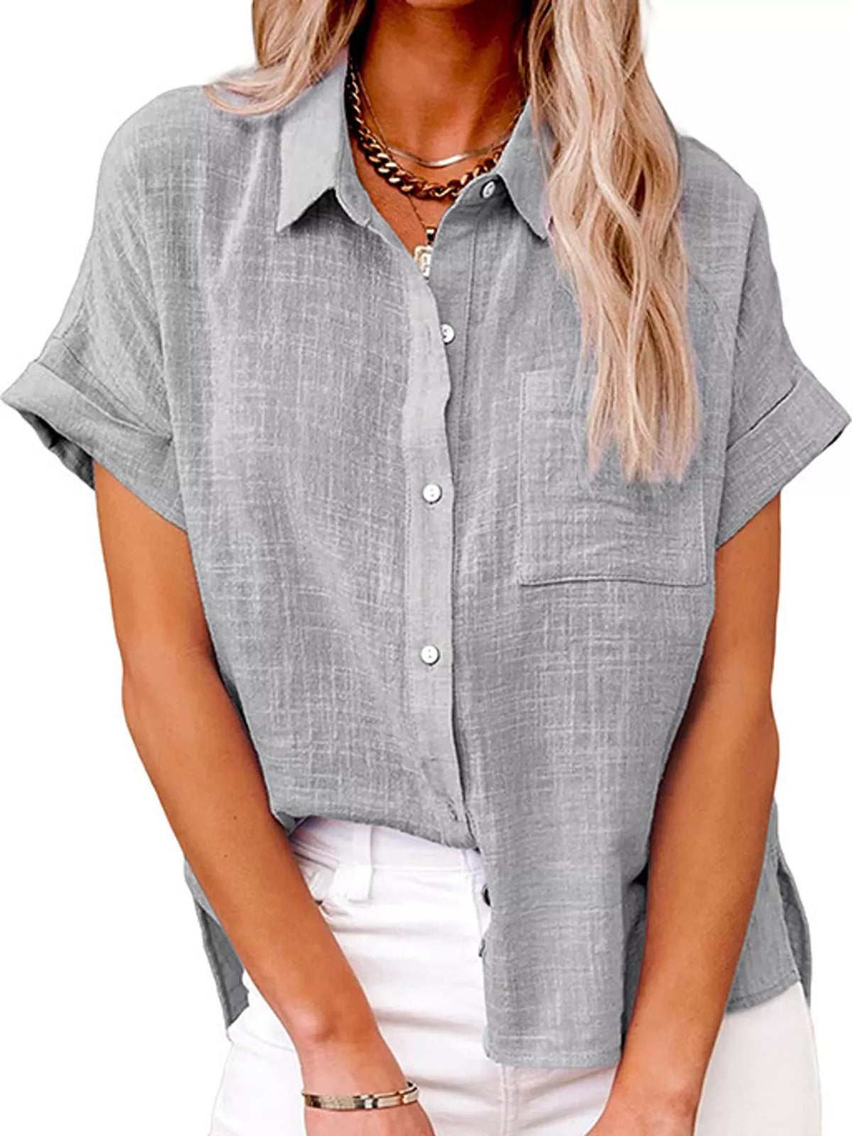 Women's Button Up Short Sleeve Shirt in gray — front view