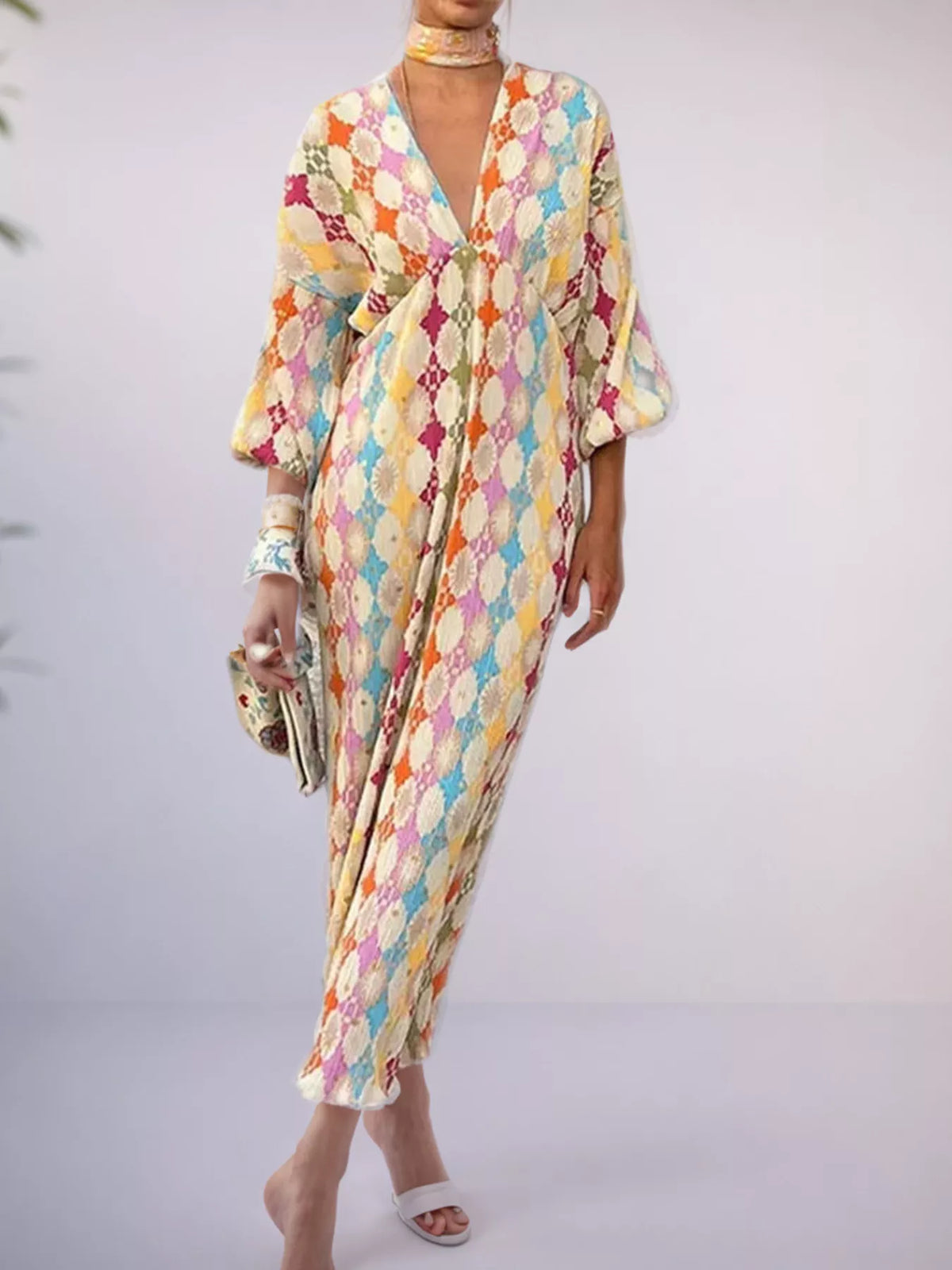 Geometric-Print V-Neck Maxi Dress