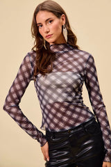 Trendsi SO ME Plaid Mesh Knit Long Sleeve Top with Thumb Opening -