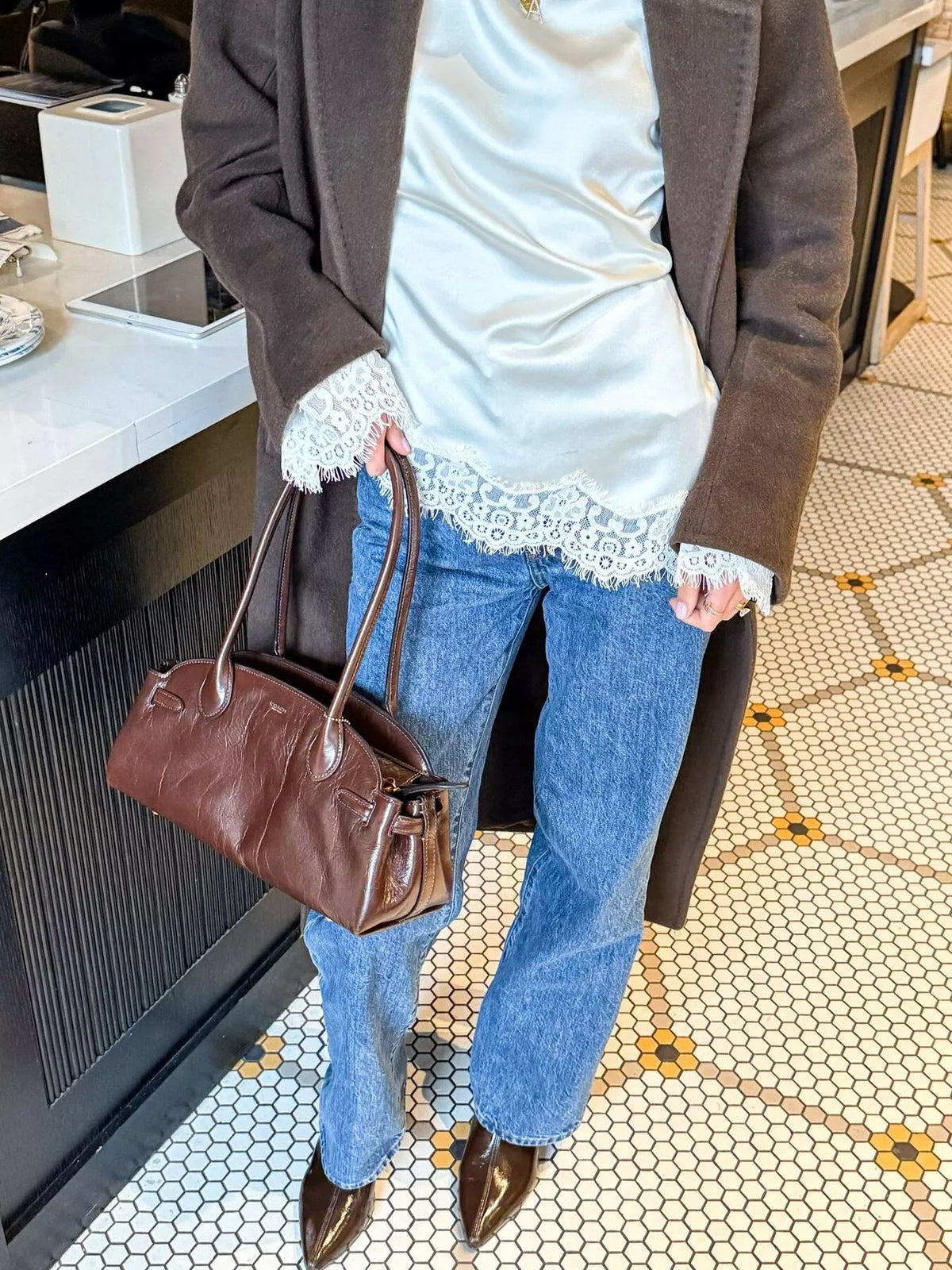 White lace detail long sleeve blouse — front view