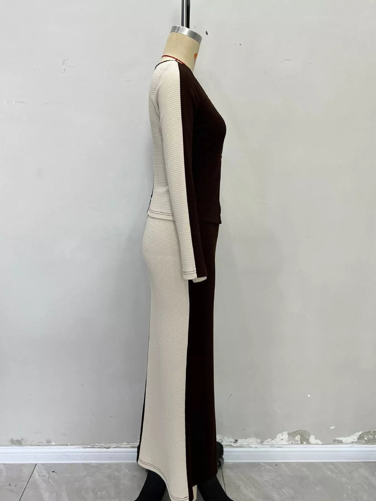 Brown and cream two-tone top and skirt set, side view