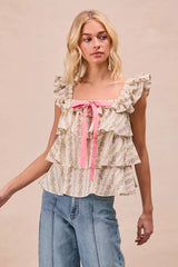 Trendsi BiBi Floral Printed Woven Front Bow Tied Ruffled Square Neck Sleeveless Top -