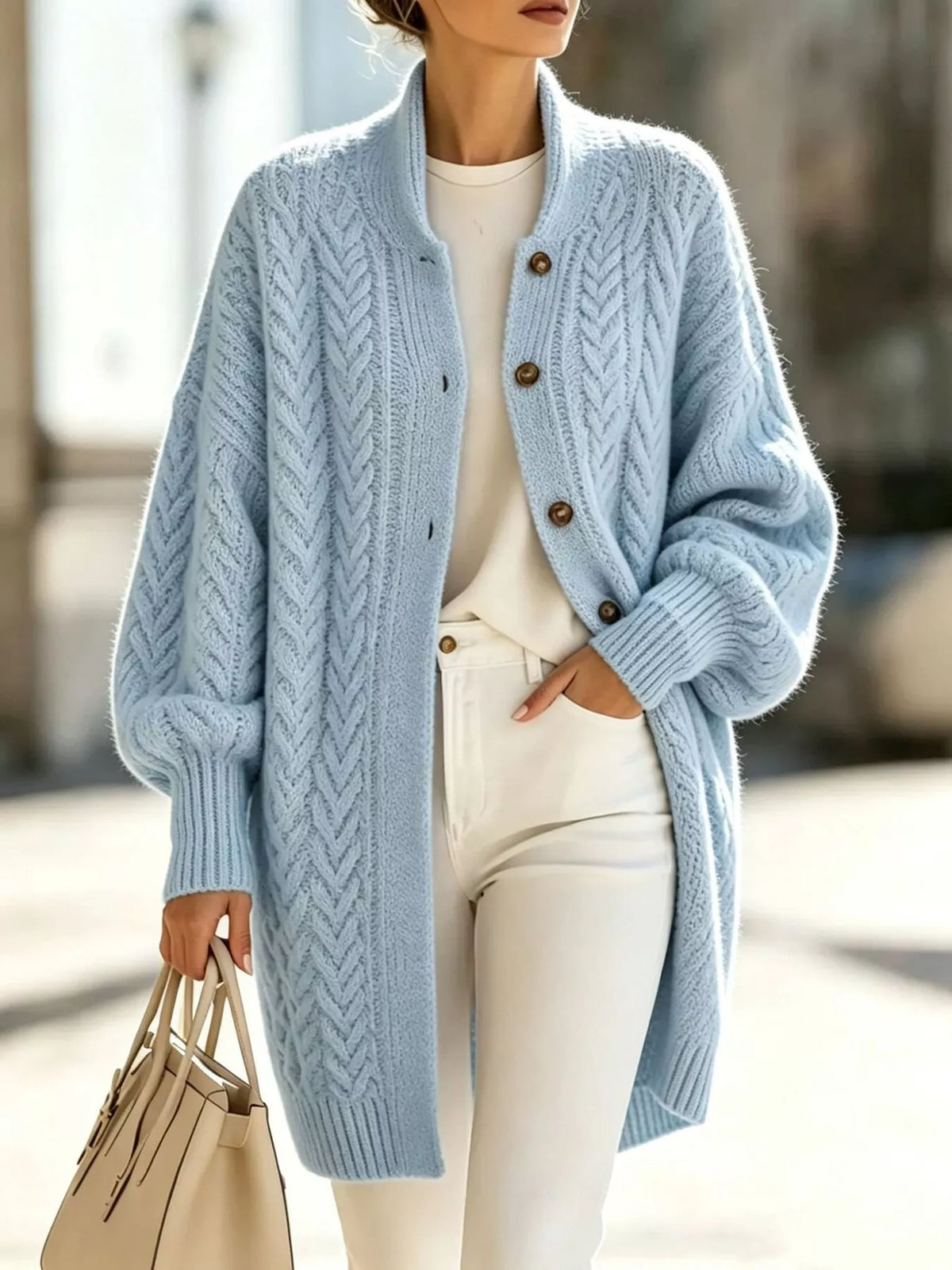 Round neck long sleeve cardigan, front view on model