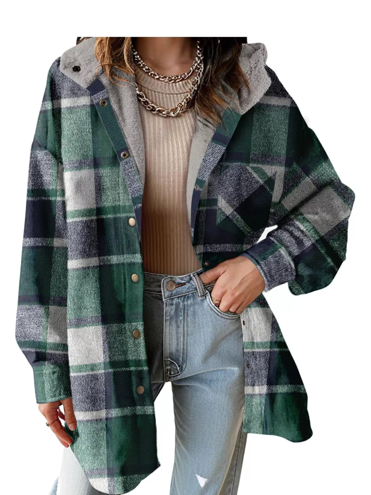 Green plaid hooded button up jacket