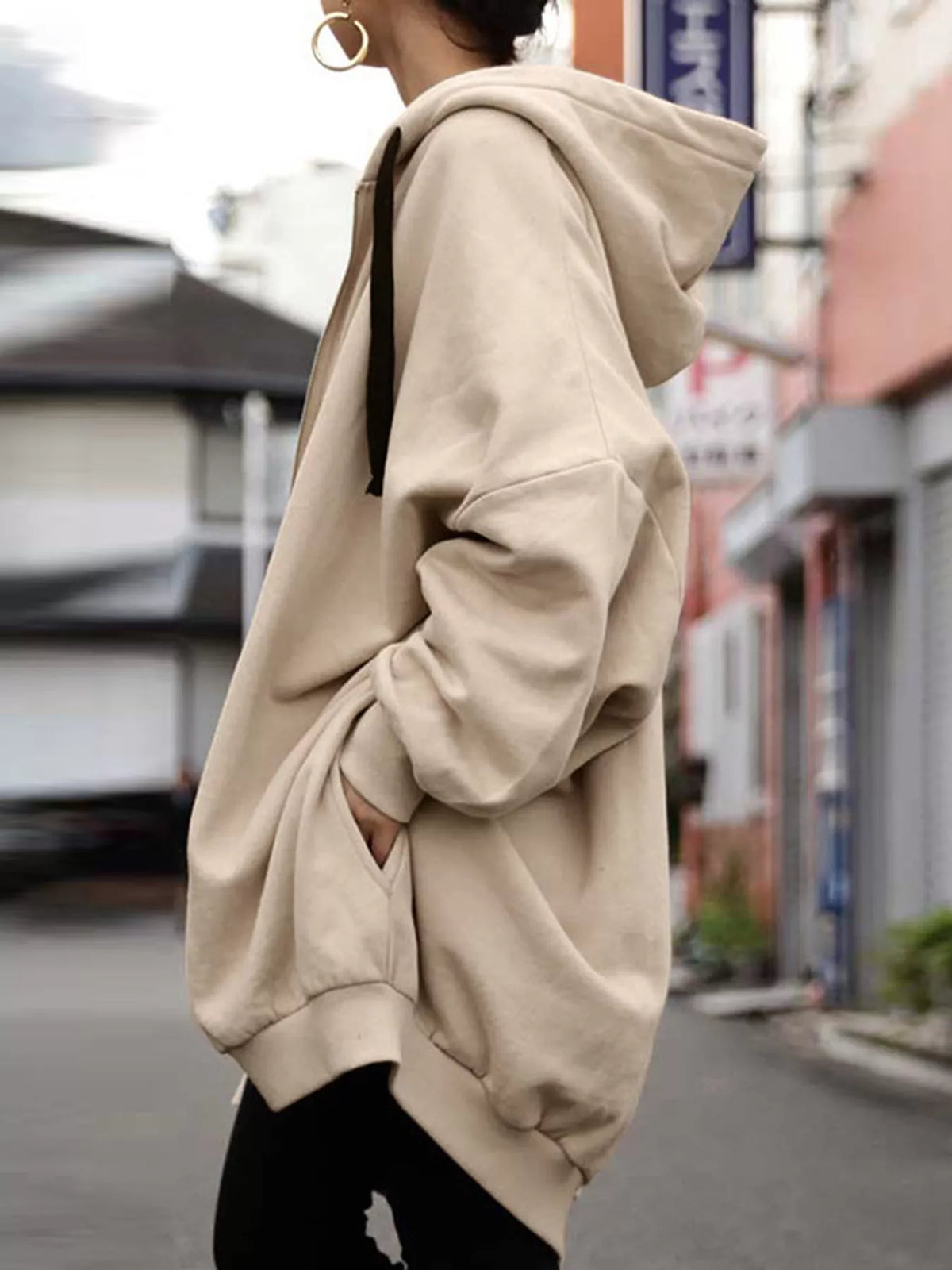 Apricot drawstring zip-up oversized hoodie