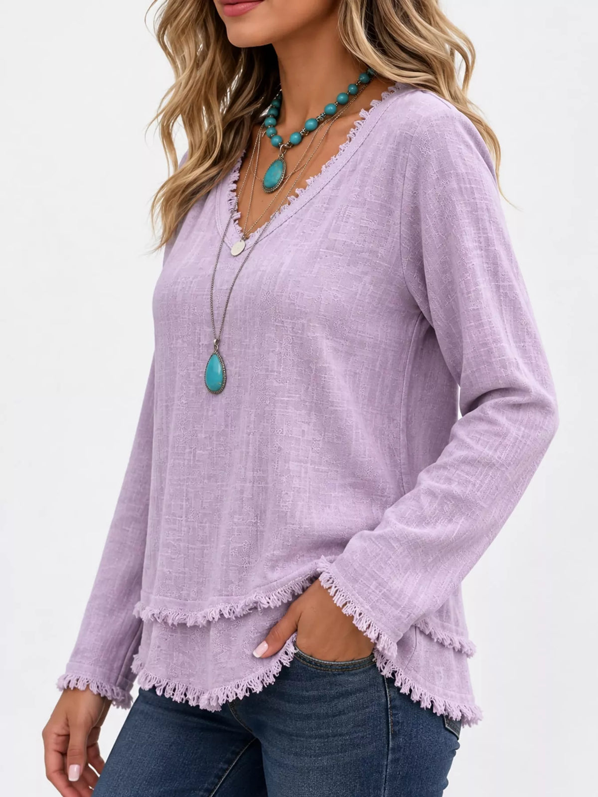 Frayed V-neck blouse, purple side