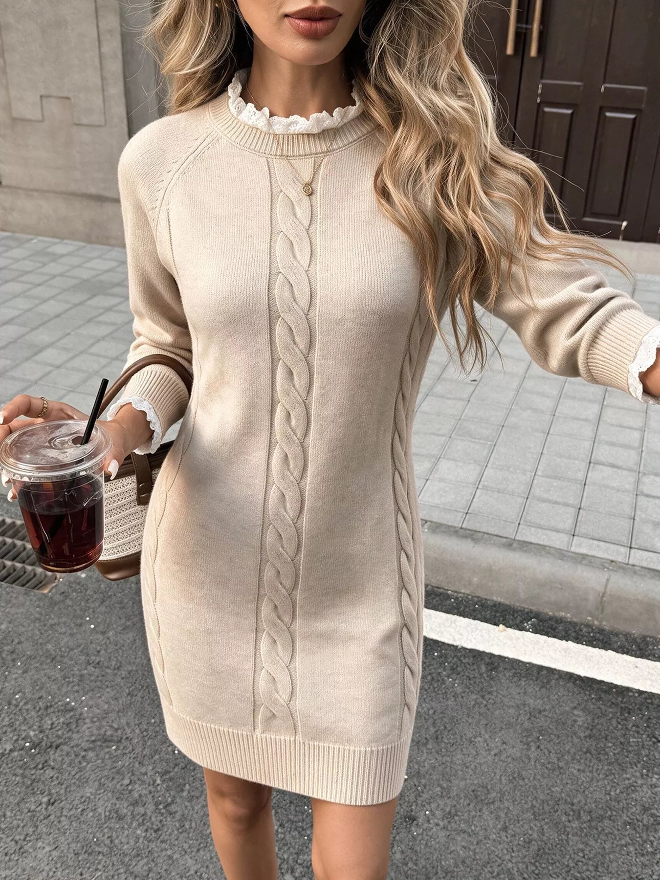 Trendsi Cable Knit Raglan Sleeve Sweater Dress -