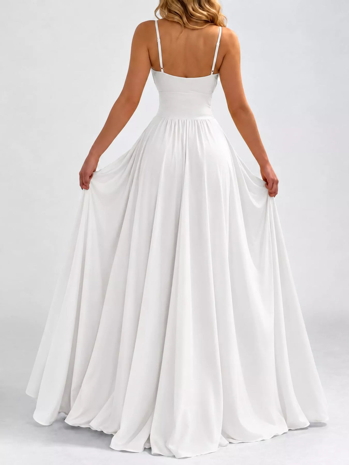 White sleeveless high slit maxi dress, back view