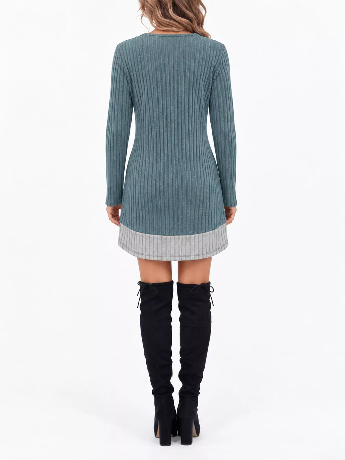 Round neck long sleeve mini dress, back view