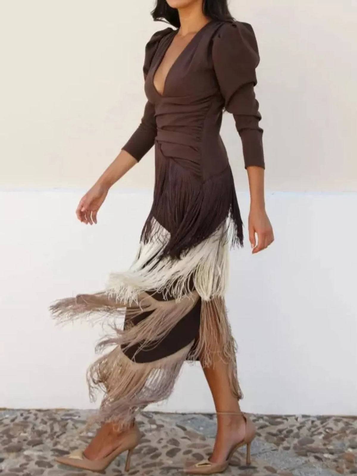 Women's Fringed V-Neck Puff Sleeve Midi Dress in brown multicolor — side view