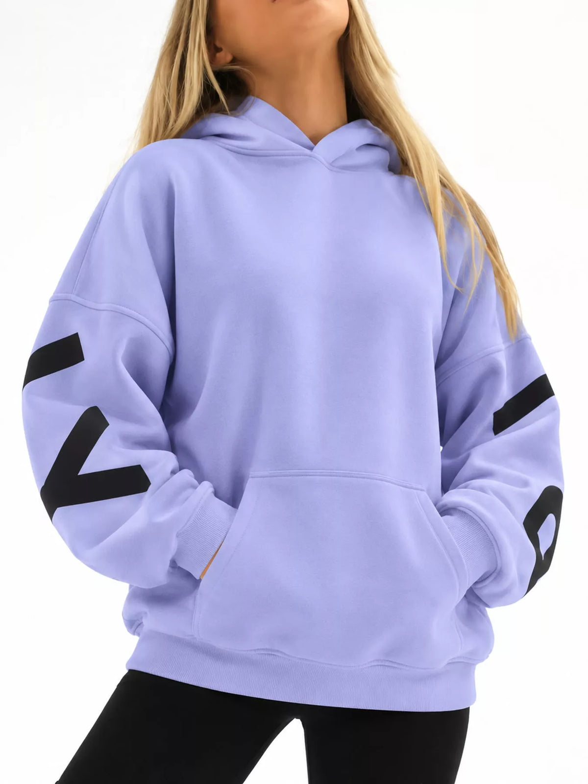 Letter Back Dropped Shoulder Hoodie — front view