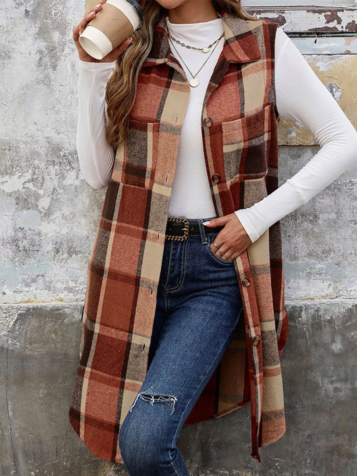 Longline Plaid Button-Down Vest Coat in rust and beige