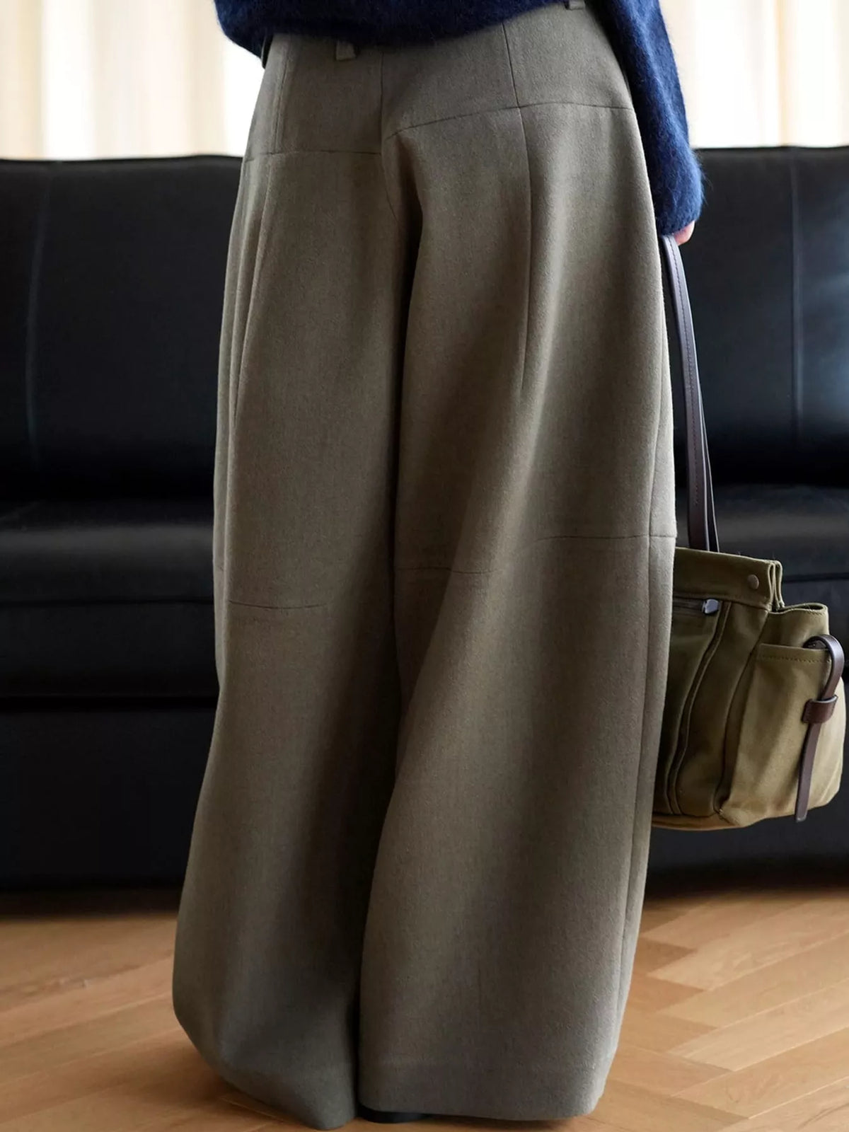 Pleated Wide-Leg Pants in gray-green, side view