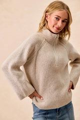 Trendsi BiBi Two Tone Rib Texured Knit Collared Top with Zip Up -