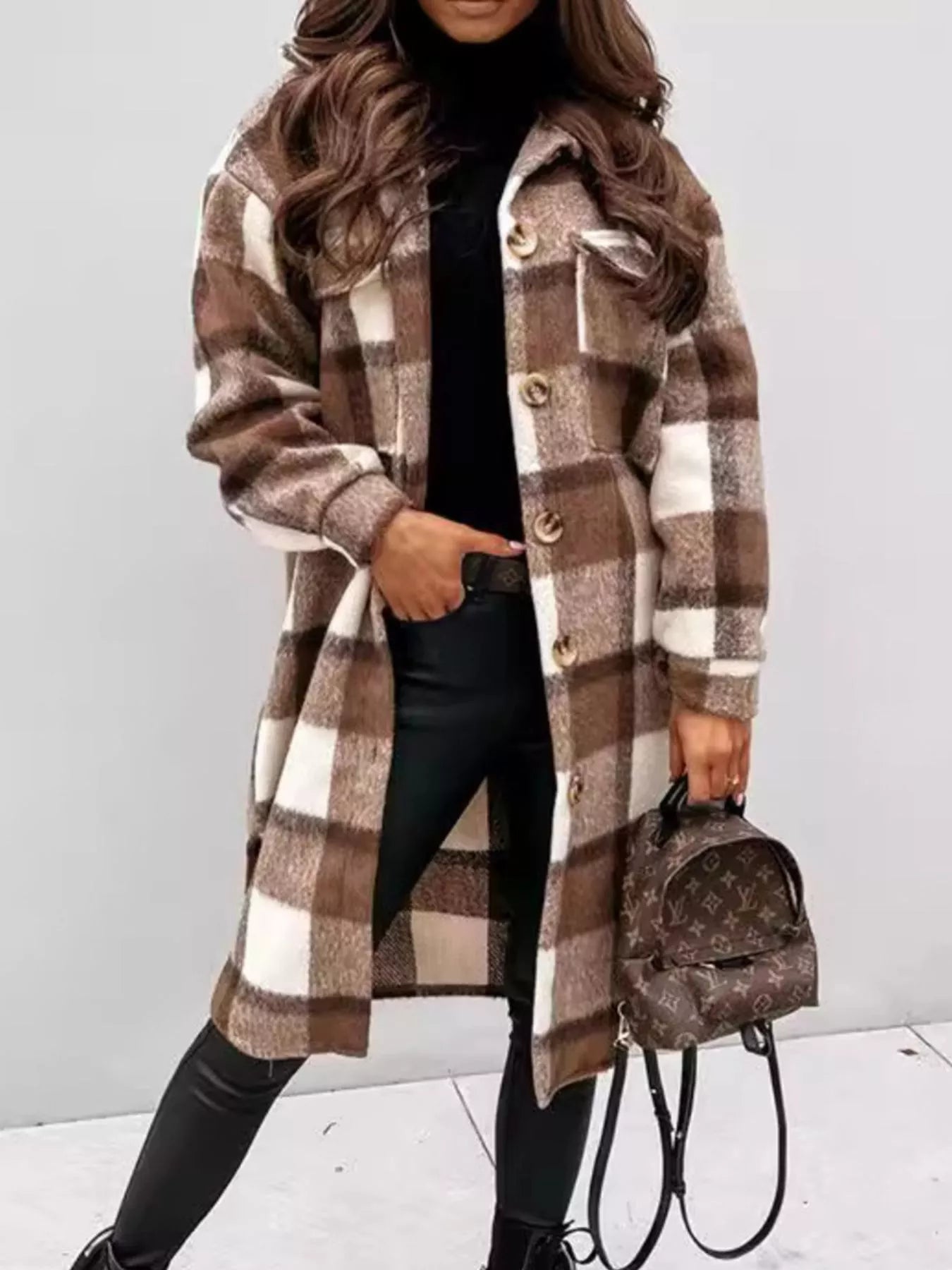 Trendsi Longline Plaid Button Up Coat -