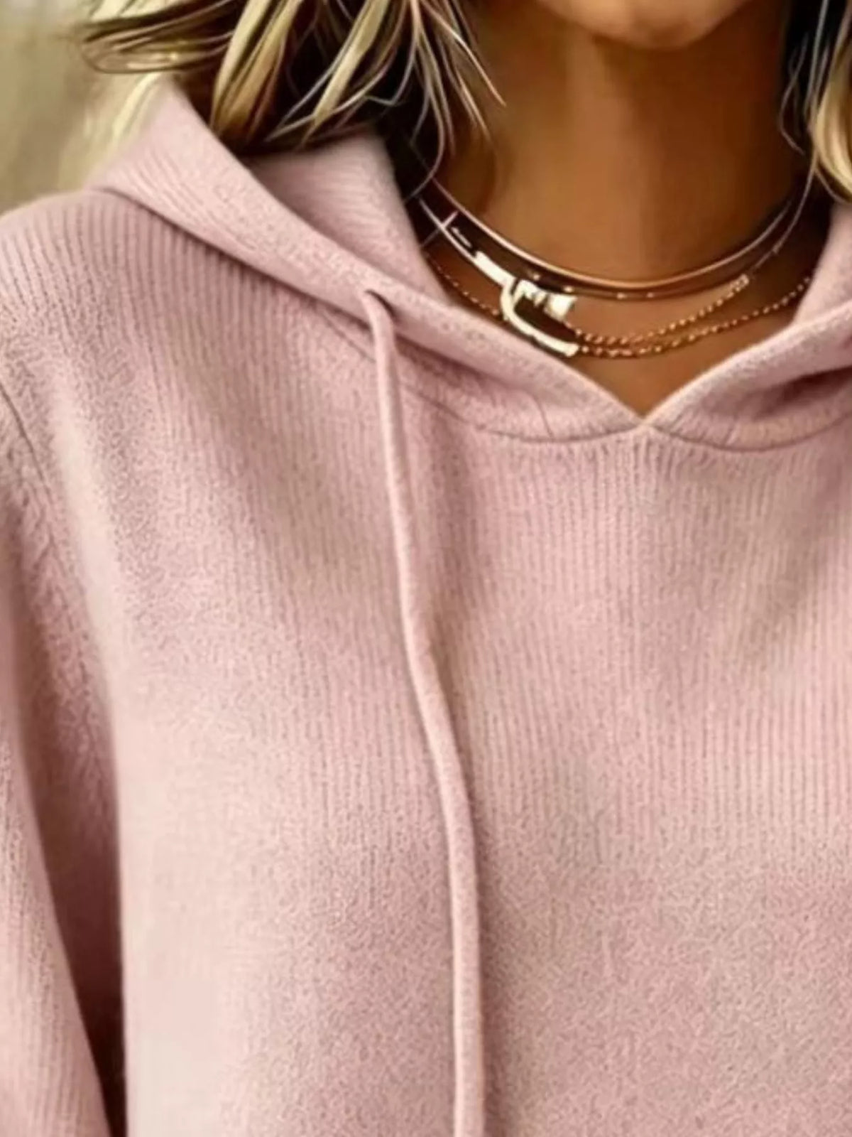 Women's Drawstring Kangaroo Pocket Hooded Sweater in pink — neckline detail view