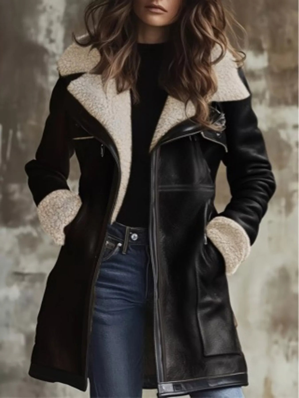 Black sherpa-trim zip-up faux leather jacket