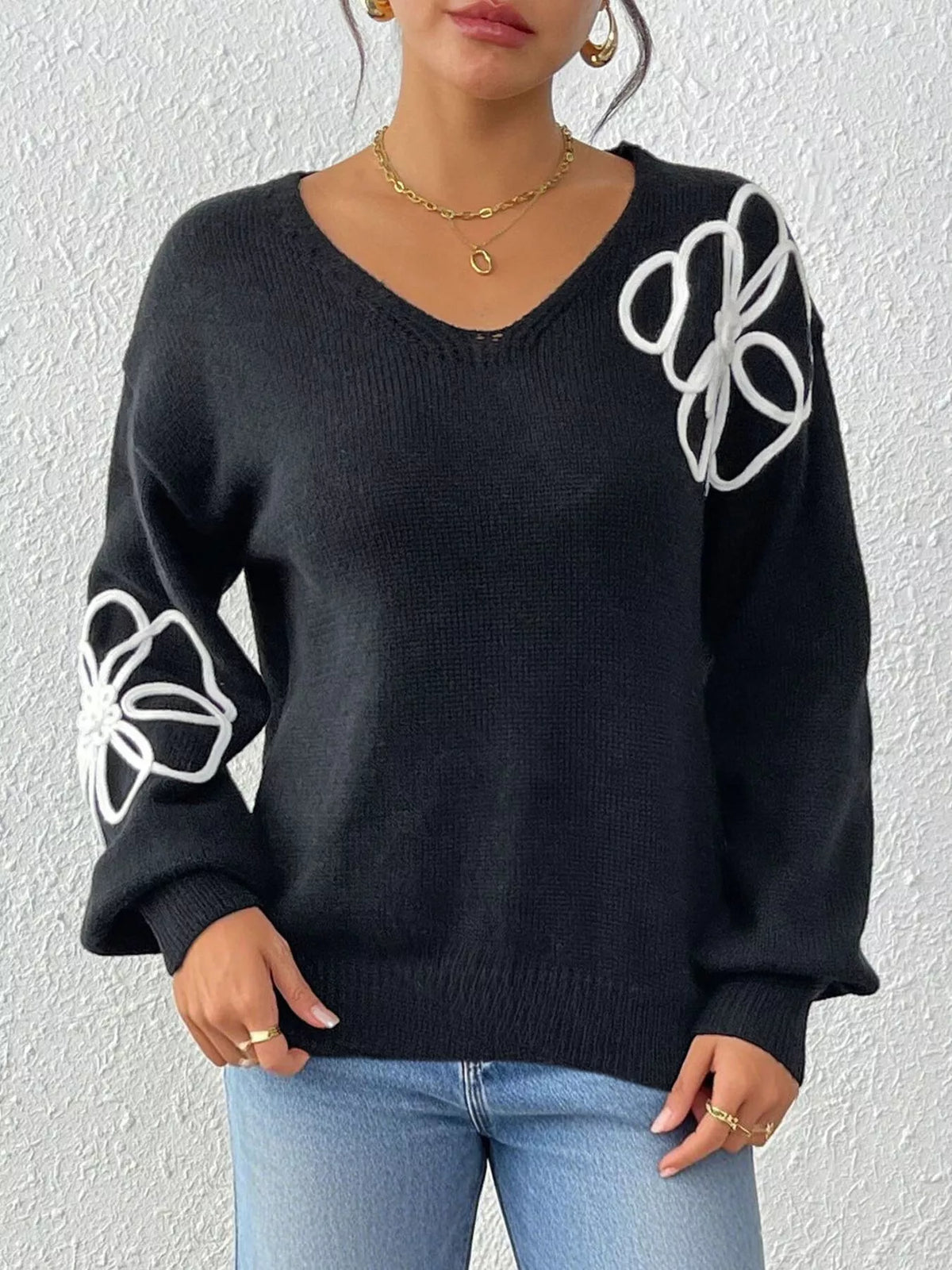 Flower V-neck dropped-shoulder sweater