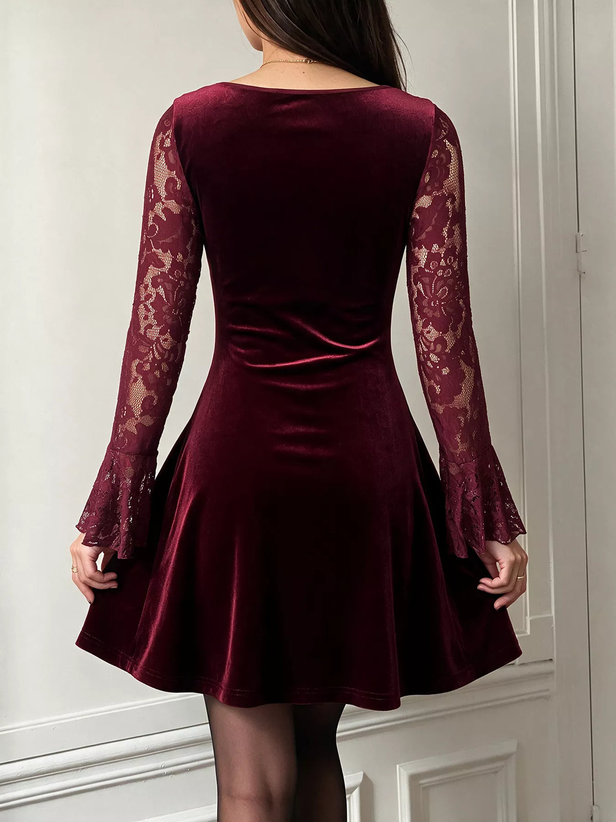 Trendsi Lace Flare Sleeve Mini Dress -