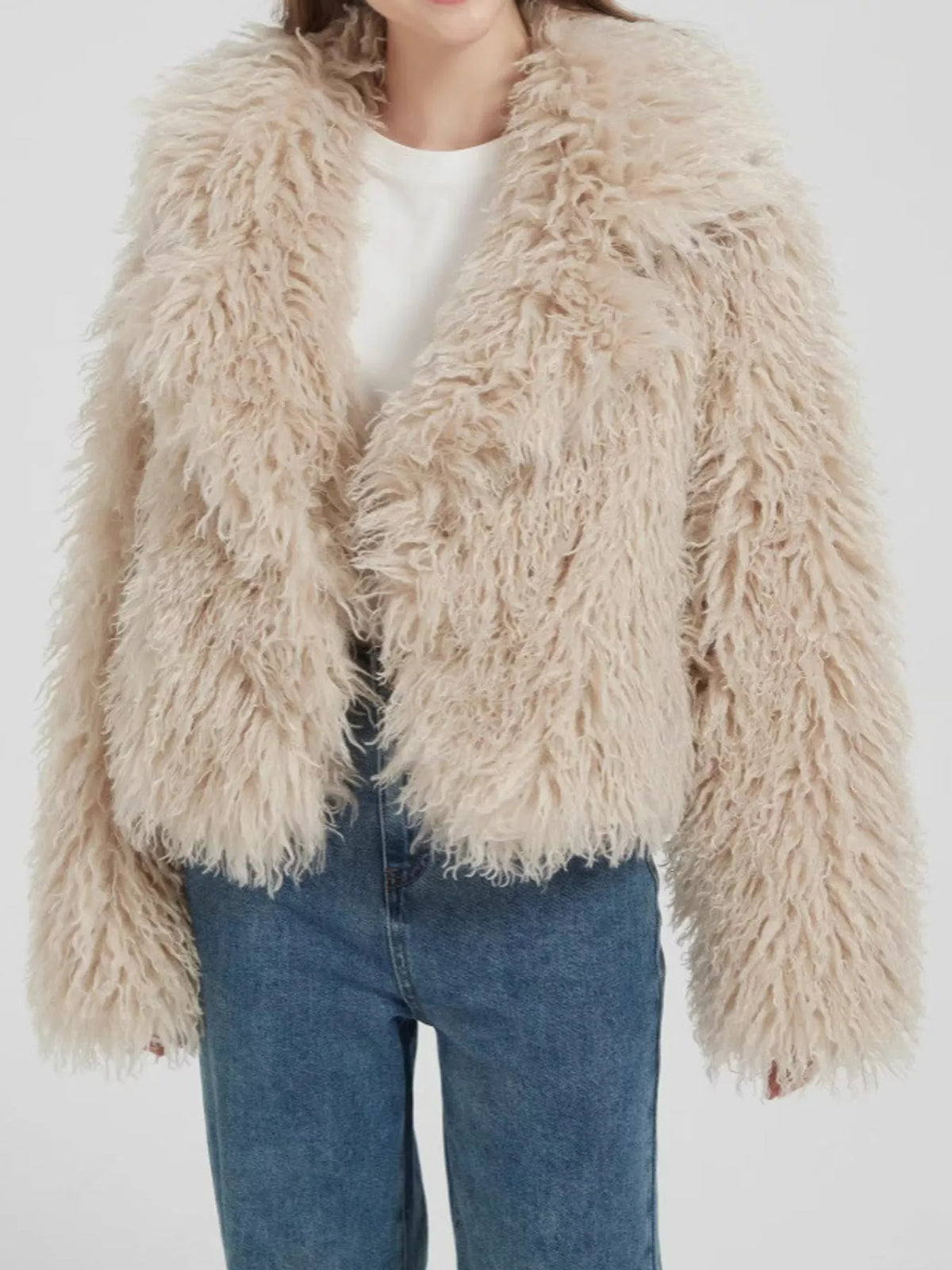 Collared long sleeve jacket, front view on model