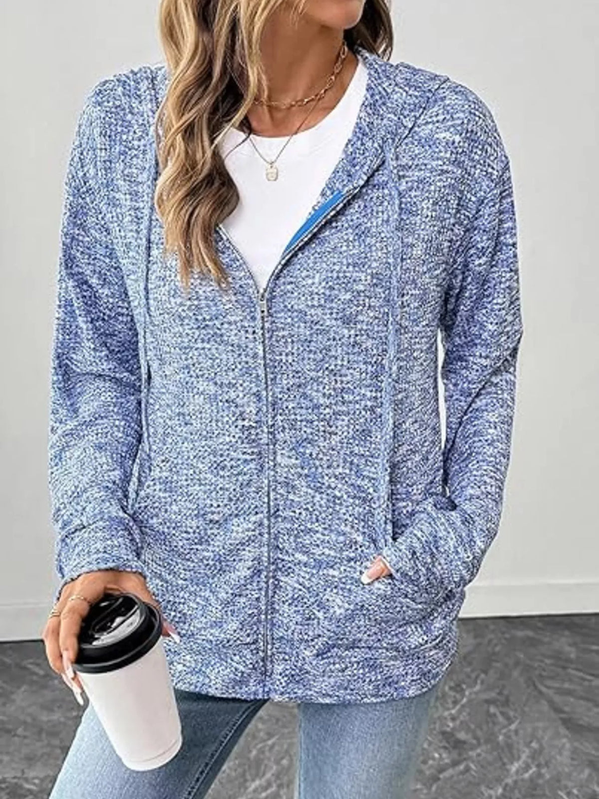 Blue zip-up drawstring hooded cardigan