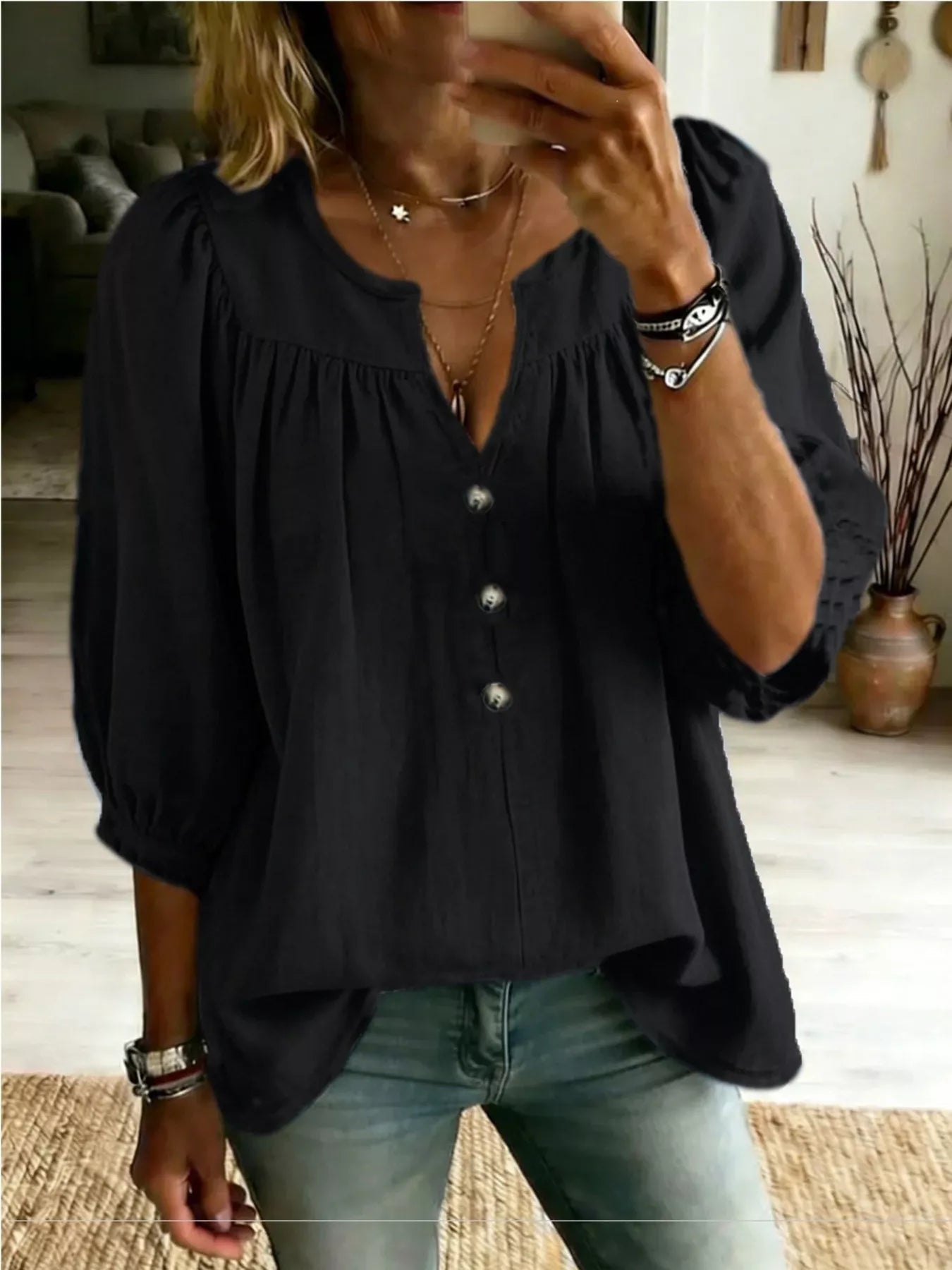 Trendsi Full Size Notched 3/4 Sleeve Blouse Plus Size -