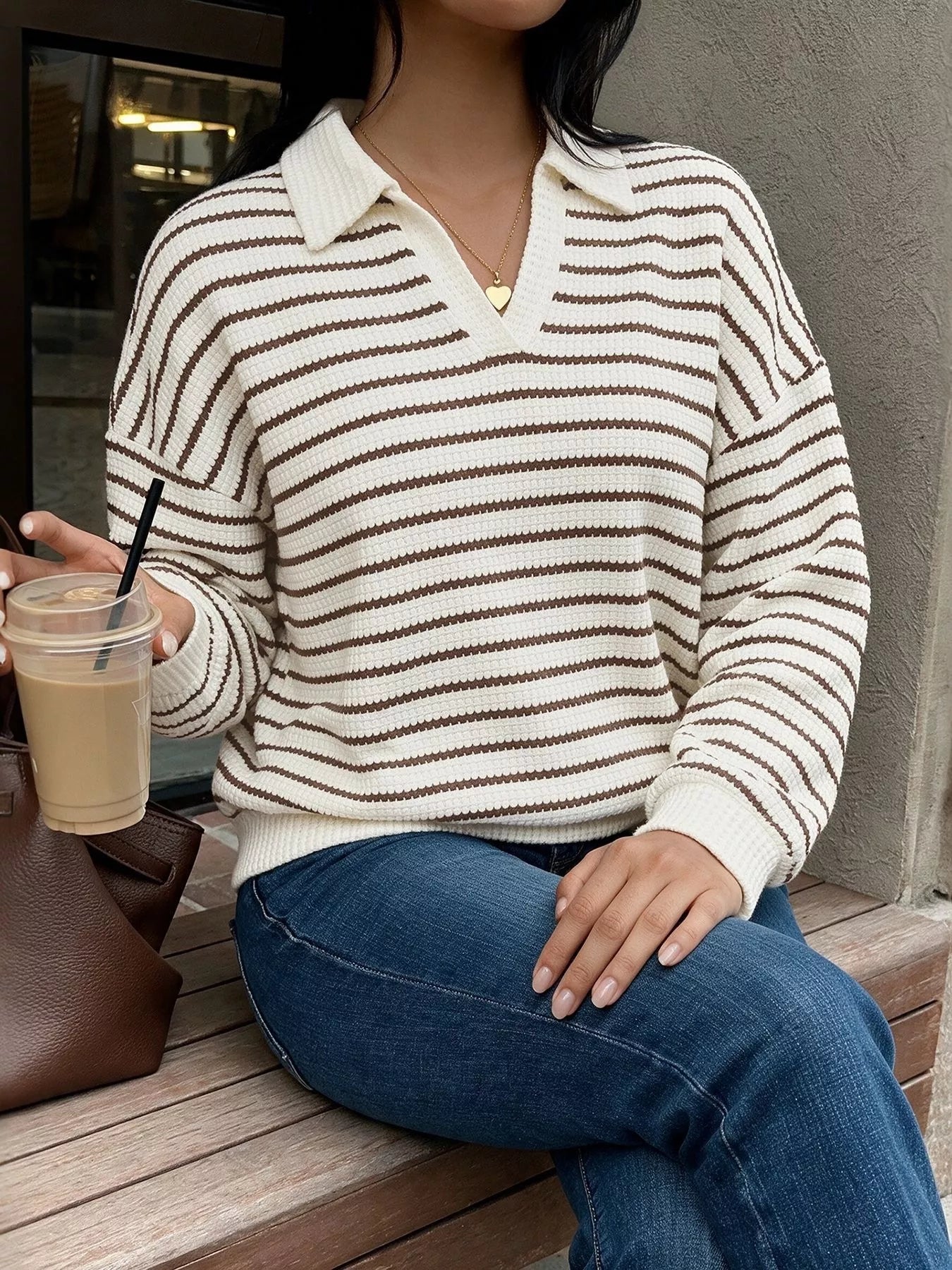 Trendsi Striped Polo Collar Knit Sweatshirt -
