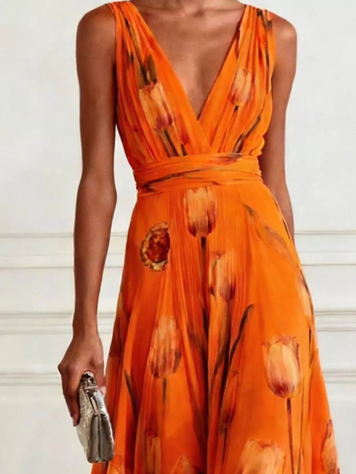 Women's Sleeveless Floral Print Maxi Dress in orange floral — bodice detail view