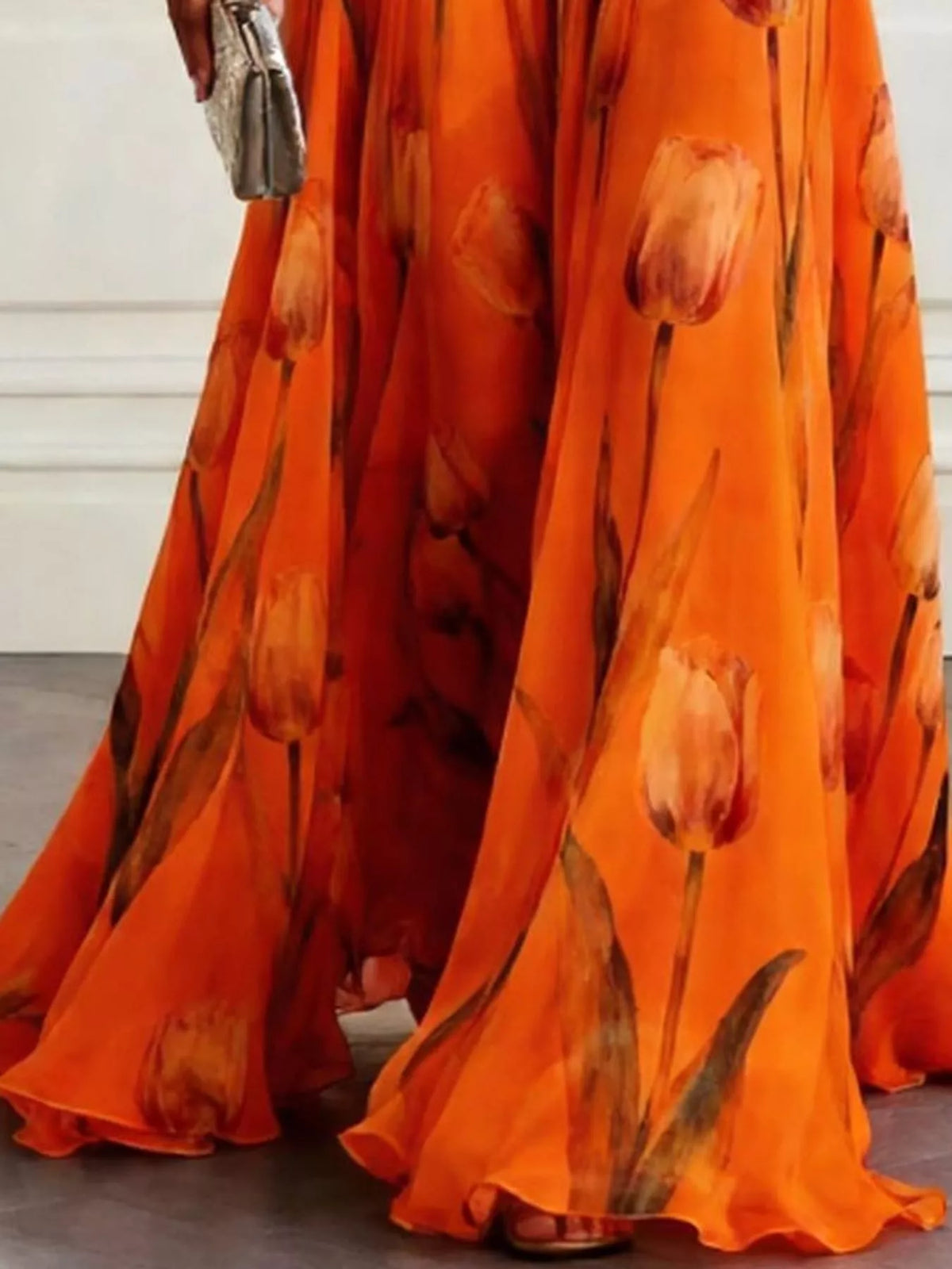 Women's Sleeveless Floral Print Maxi Dress in orange floral — print detail view