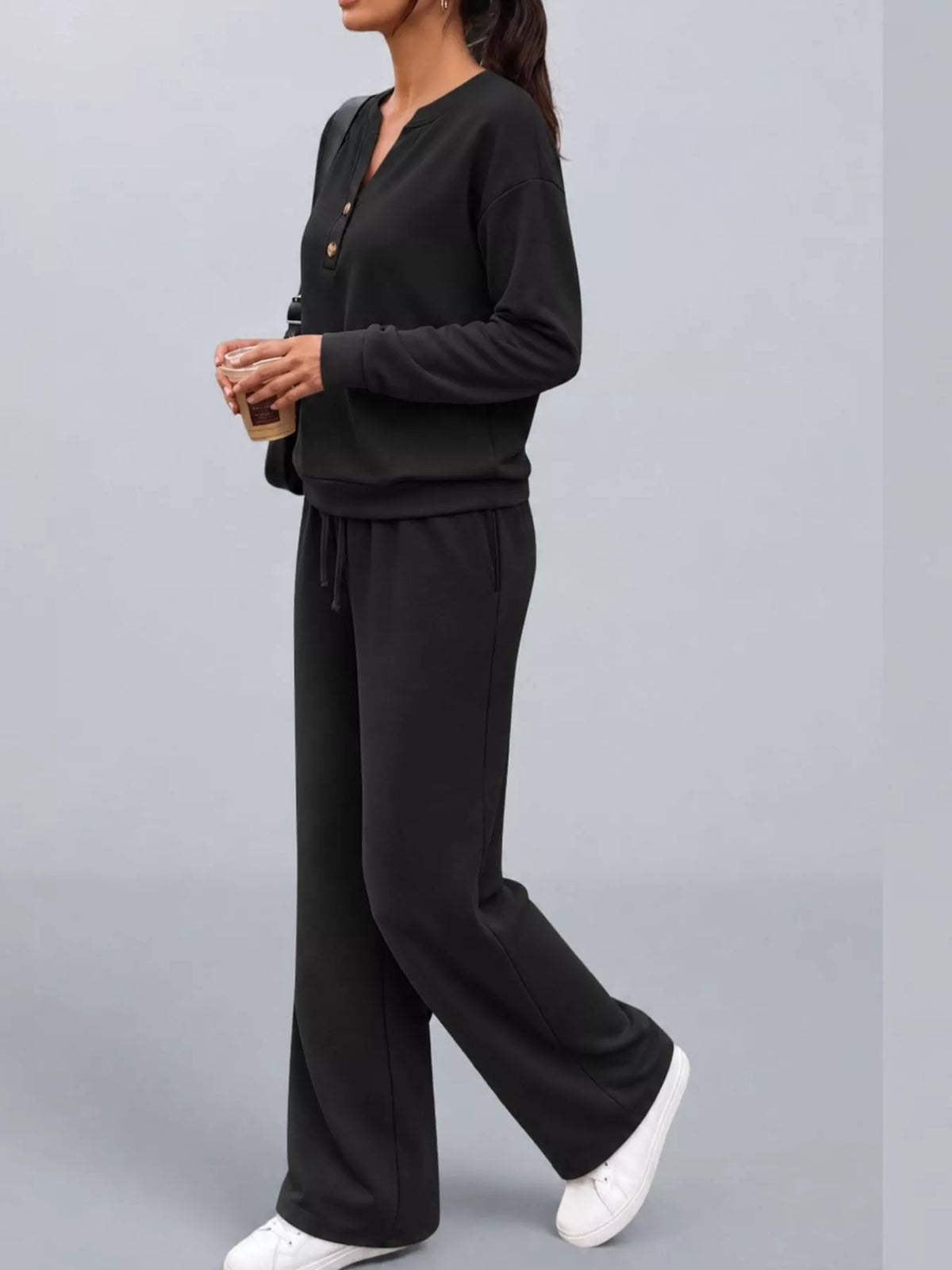 Black button detail top and wide-leg pants set — side view