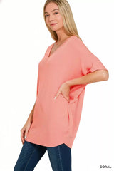 Trendsi Zenana Raised Rib V-Neck Batwing Top -
