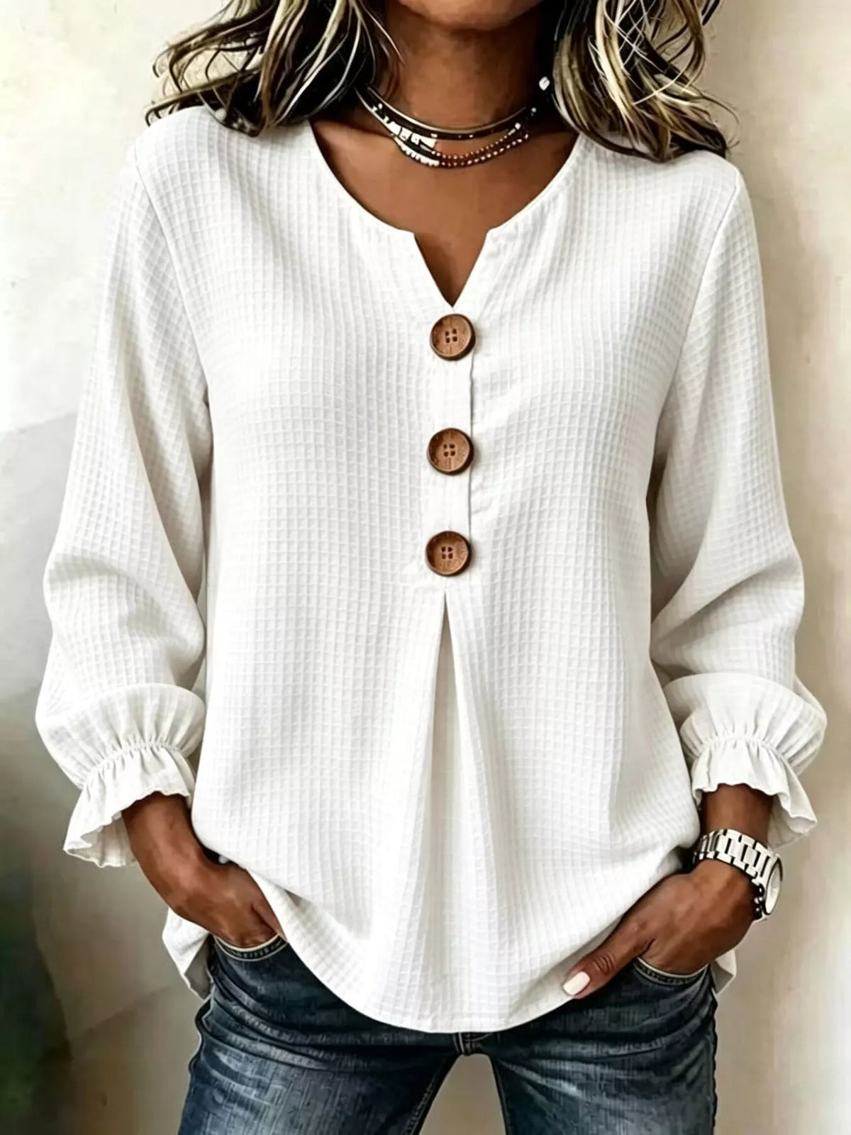 Waffle-knit long sleeve top