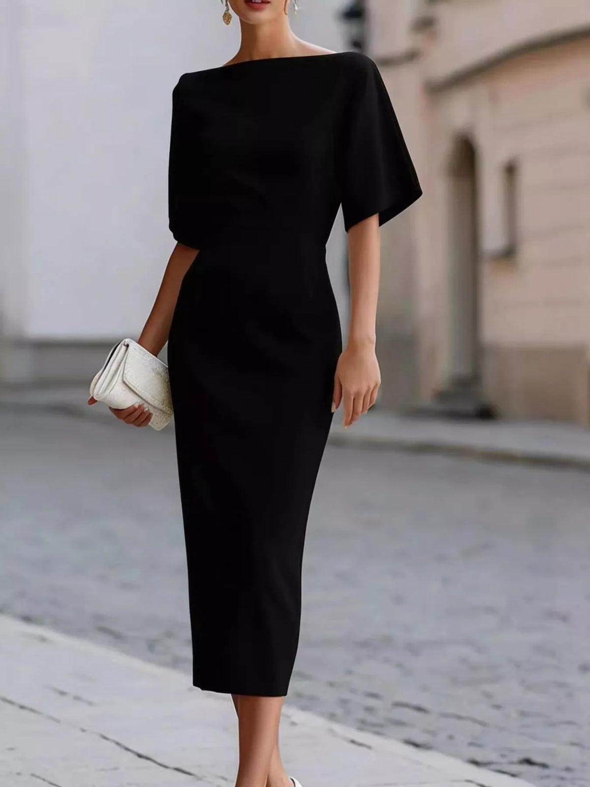 Boat neck short sleeve midi dress, front view on model