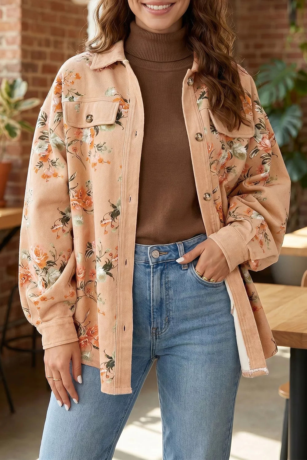 Floral print long sleeve denim jacket